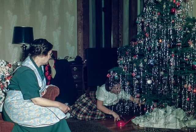 Real Xmas Tree decorated with Tinsel