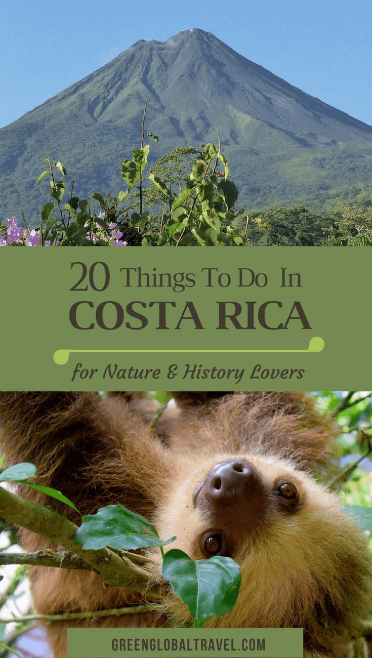 Top 20 Things to Do In Costa Rica (For Nature & History Lovers), including Arenal Volcano, Caño Negro Wildlife Refuge, Corcovado National Park, Manuel Antonio National Park, Monteverde Cloud Forest, Playa Montezuma, mysterious stone spheres, Tabacón Hot Springs, Tortuguero National Park, and much more. via @greenglobaltrvl
