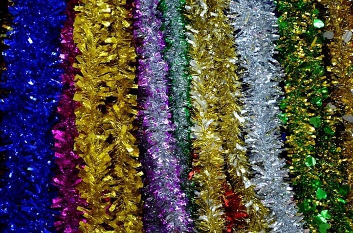 Anderson's Three-Color Iridescent Shimmer/Glitter Sparkle Garland, Purple,  Green, Gold - 4 inches Wide x 25 feet Long, Parade Float Decorations for