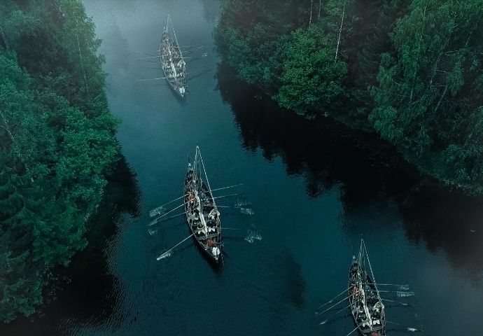 Viking Long Boats / Row Ships on River 