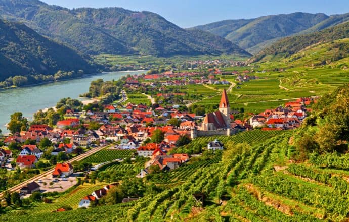 Weisenkirchen in der Wachau town and vineyards at autumn. Wachau Valley, Austria