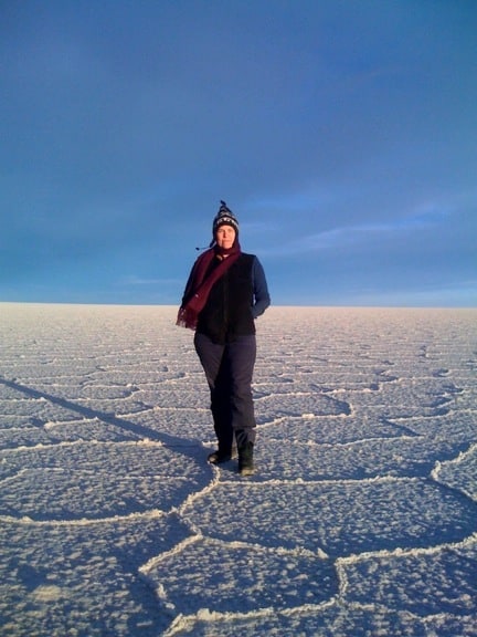 Gringo Trails Director Pegi Vail in Bolivia's Salar de Uyuni Salt Flats