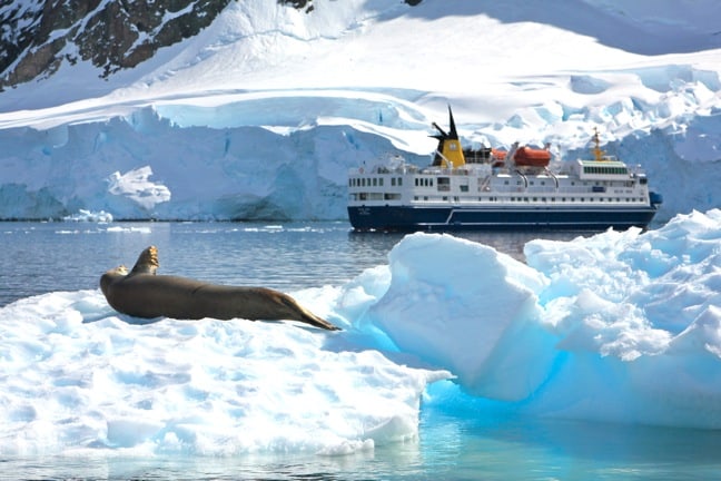 expedition travel -Antarctica Cruise Ship with Crabeater Seal on an Iceberg