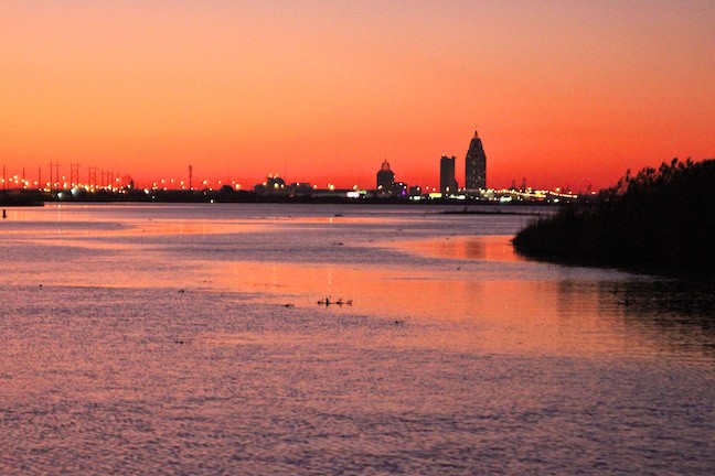 Mobile's Skyline at Sunset Seen from Mobile Bay