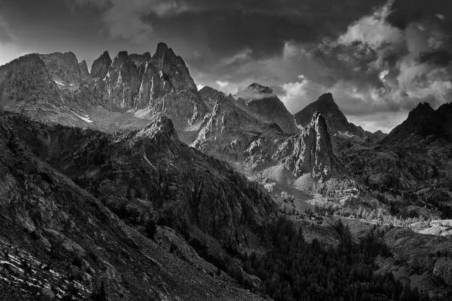 Ansel Adams Wilderness, California. Minarets from Nancy Pass, afternoon thunderstorm.