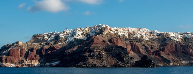 Panoramic photo of Santorini, Greece from the Mediterranean Sea