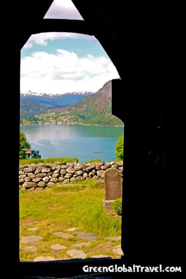 View of Lusterfjord from inside Urnes Stave Church, Norway
