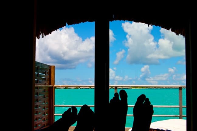 The View from our over-water bungalow at the Four Seasons Resort, Bora Bora.