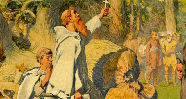 Saint Boniface felling the oak tree Photo Wikipedia - painting by Emil Doepler